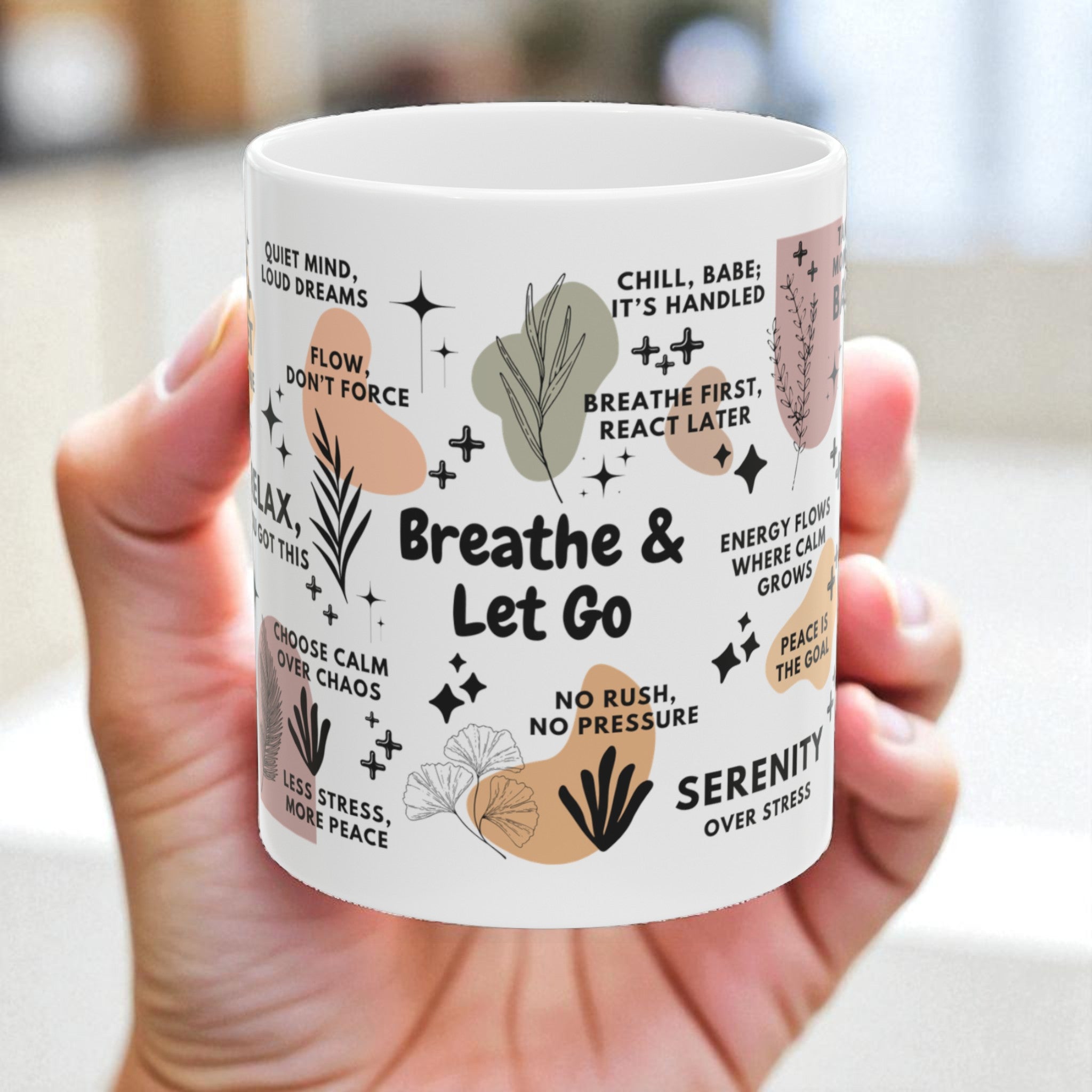Breathe & Let Go Mug; 11oz/15oz, Mindfulness Coffee Cup Self Care Gift for Women