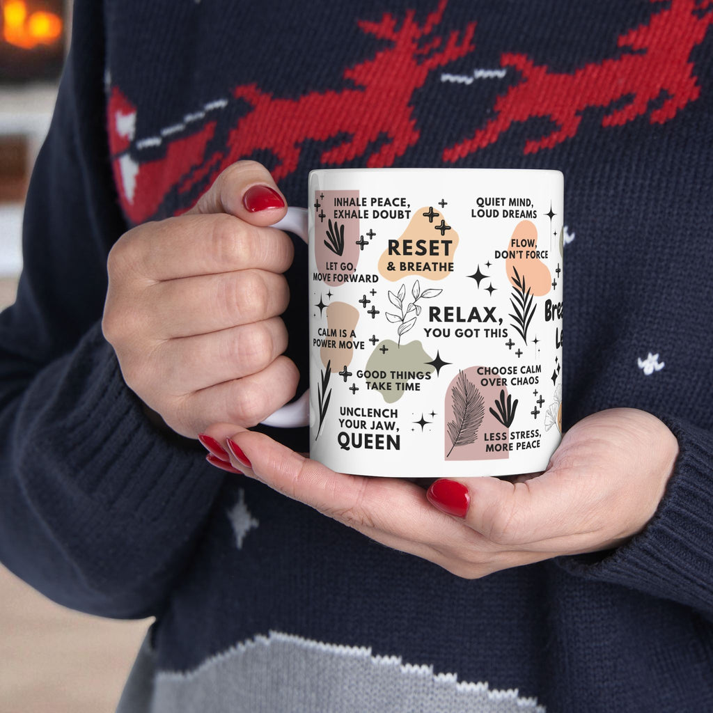 Breathe & Let Go Mug; 11oz/15oz, Mindfulness Coffee Cup Self Care Gift for Women