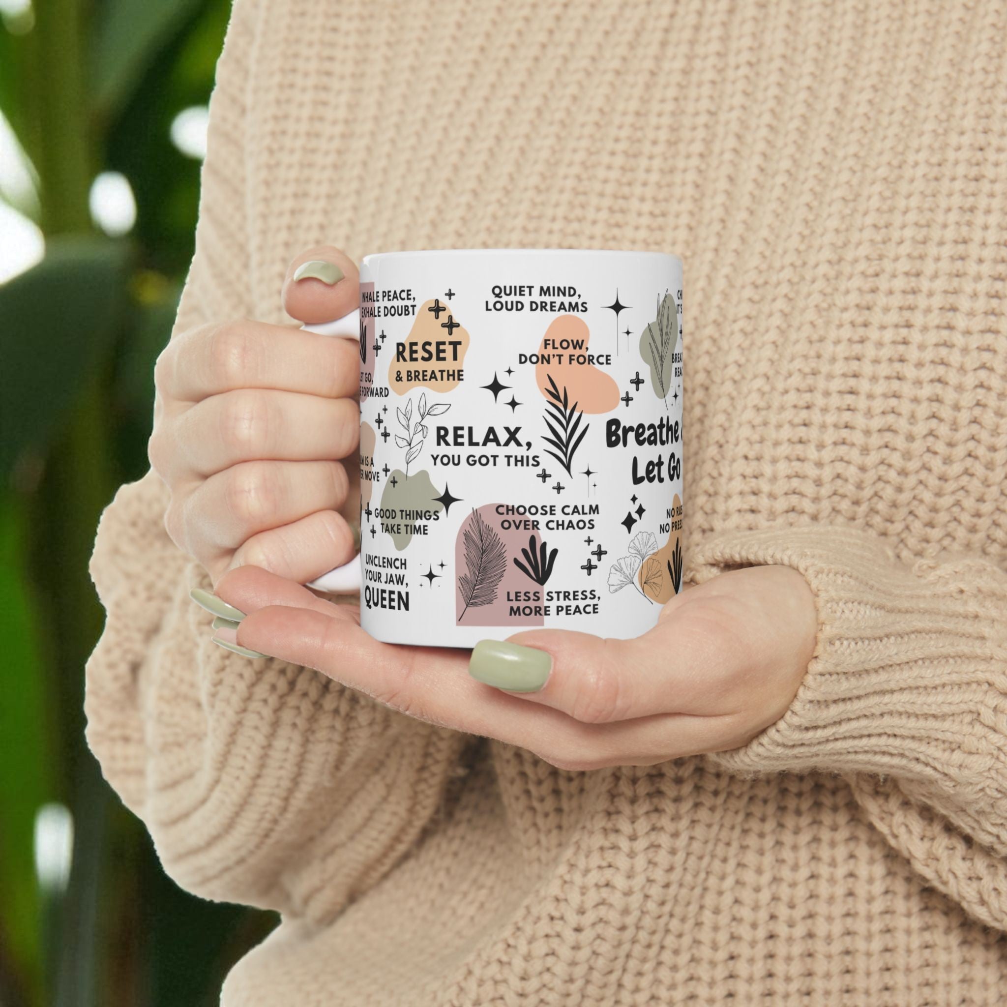 Breathe & Let Go Mug; 11oz/15oz, Mindfulness Coffee Cup Self Care Gift for Women