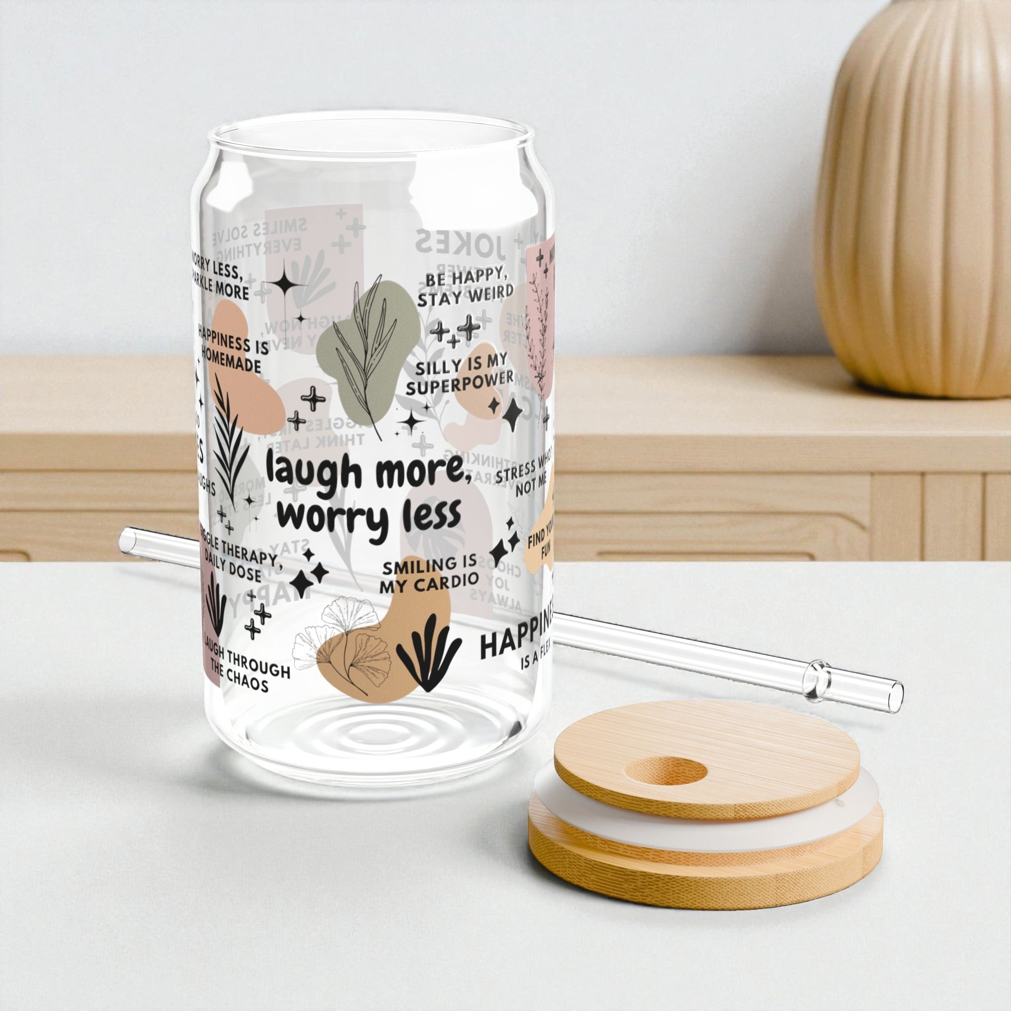 Laugh More Worry Less Glass Tumbler; 16oz