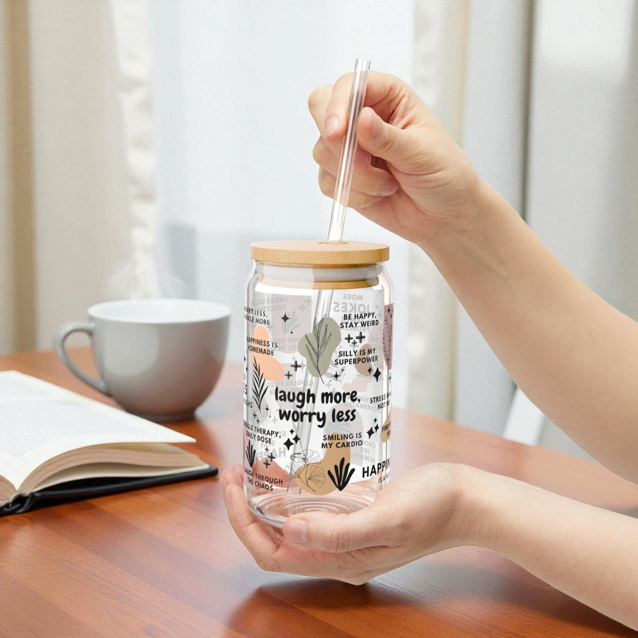 Laugh More Worry Less Glass Tumbler; 16oz