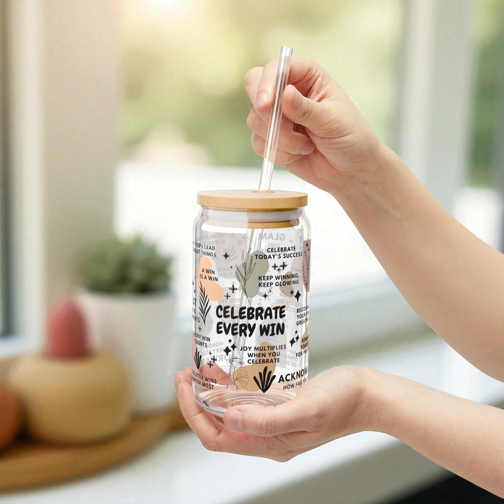 Celebrate Every Win Sipper Glass; 16oz – Motivational Drinkware for Women