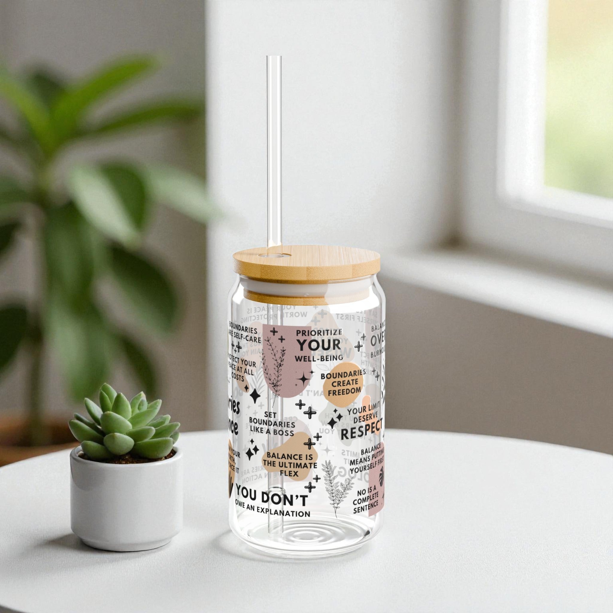 Boundaries and Balance Sipper Glass; 16oz – Motivational Drinkware for Women