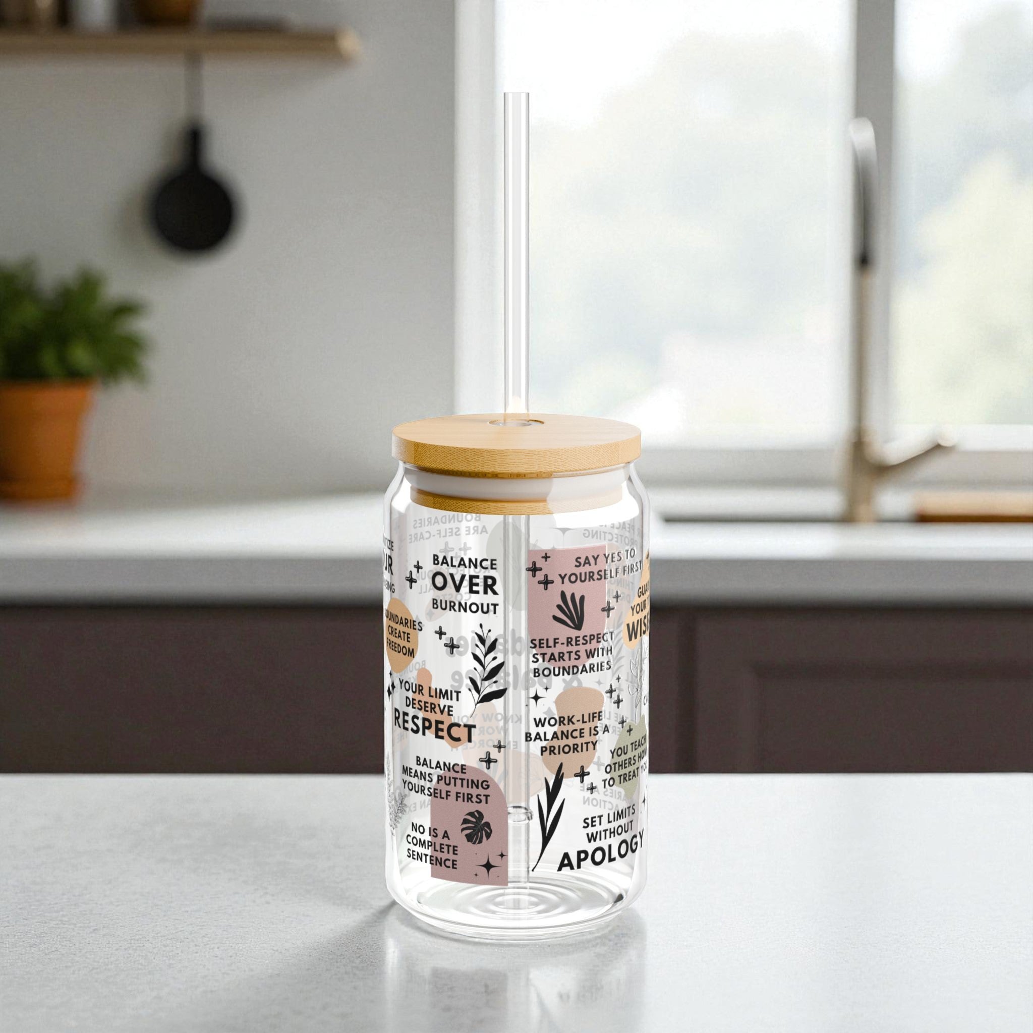 Boundaries and Balance Sipper Glass; 16oz – Motivational Drinkware for Women