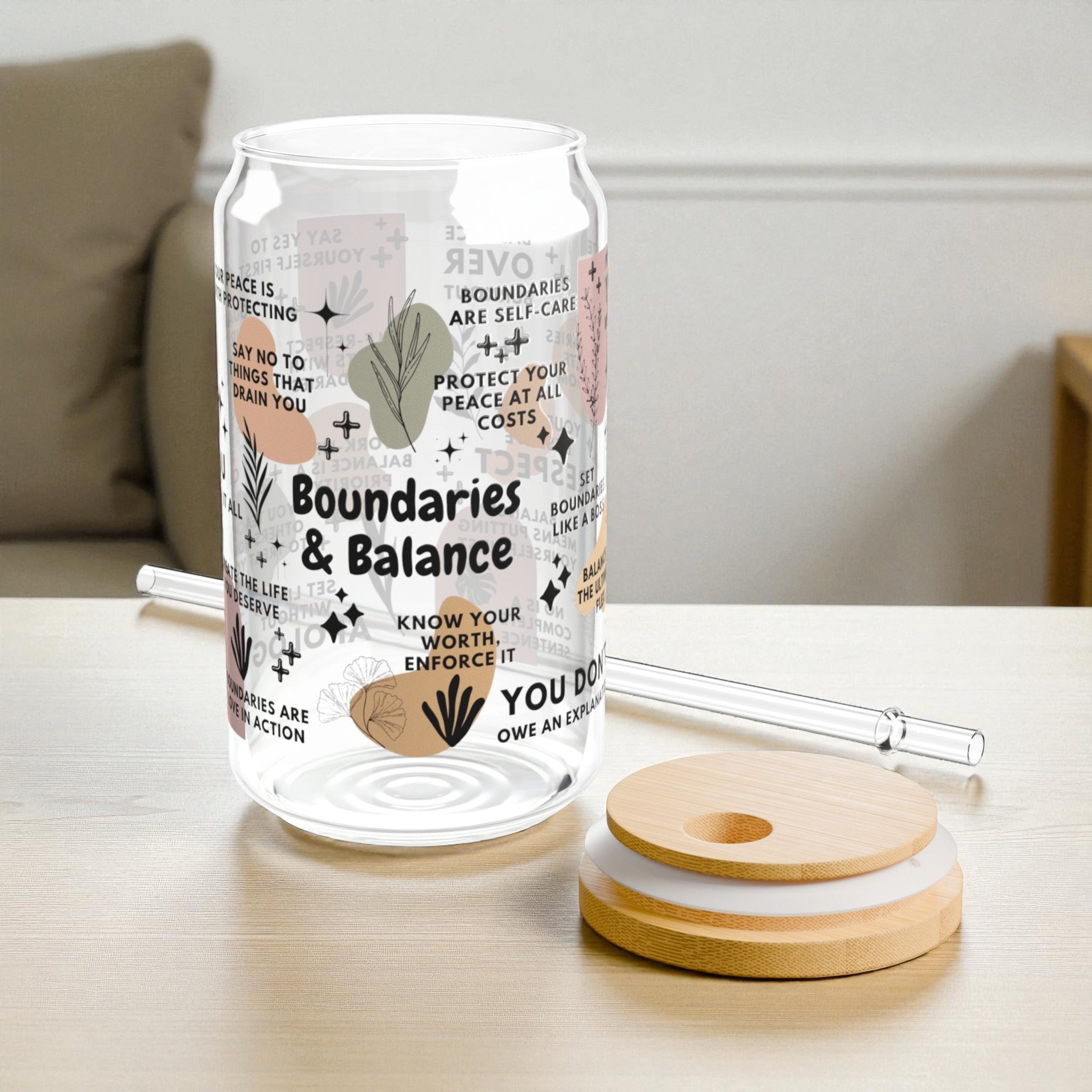 Boundaries and Balance Sipper Glass; 16oz – Motivational Drinkware for Women