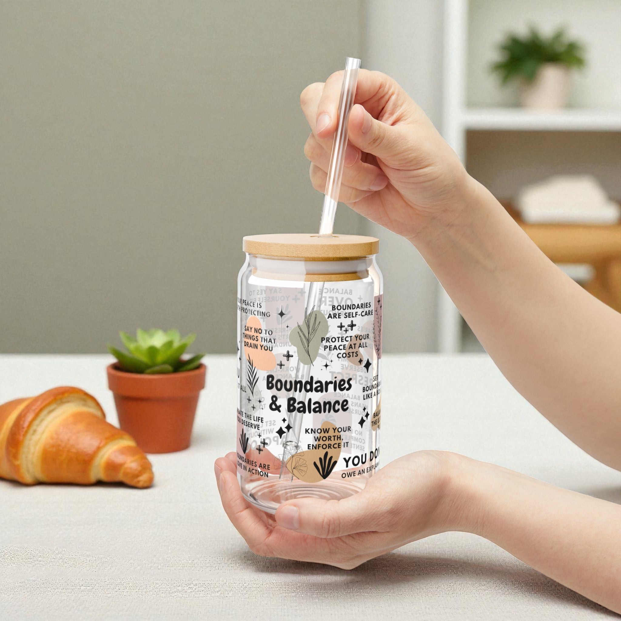 Boundaries and Balance Sipper Glass; 16oz – Motivational Drinkware for Women